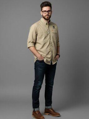 Carharrt Force Khaki Embroidered Logo Pockets Long Sleeve Button-Up Shirt Size M